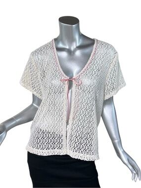 Vintage 90’s Size 16, XL Open Knit Crochet Cardigan Top Beige Pink Rose Collar